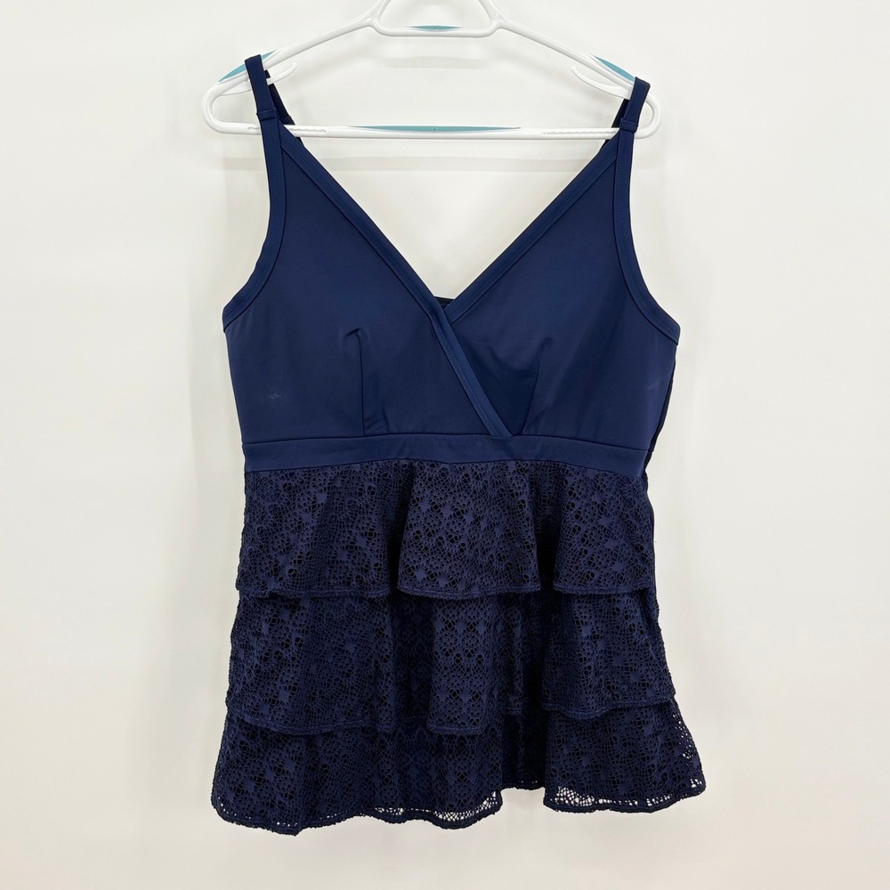 Cacique Navy Blue Tiered Ruffle Crochet Lace Tankini Top Plus Size 20 V-Neck